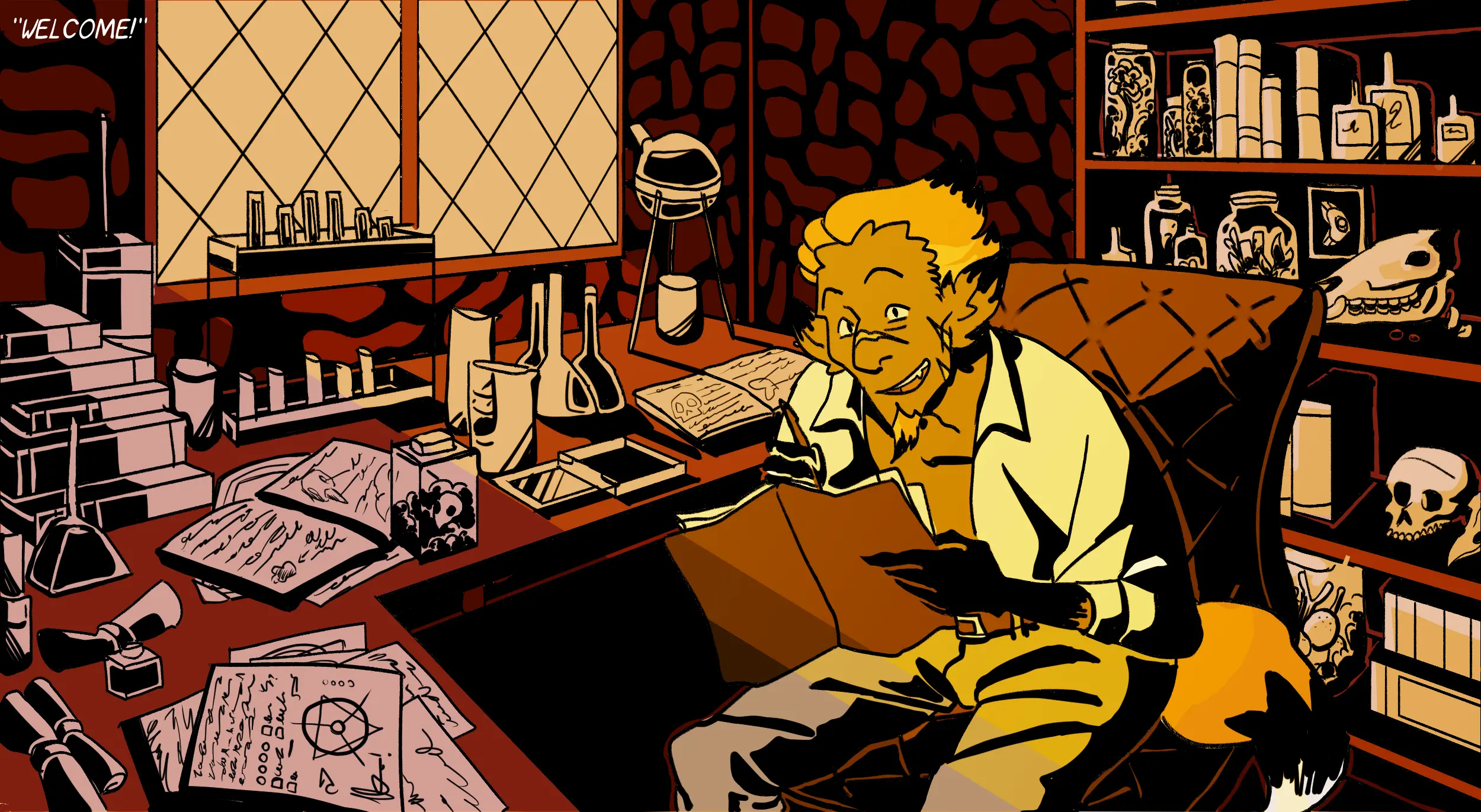 A man with fox-like features hunched at a cluttered desk, looking excited towards the viewer.